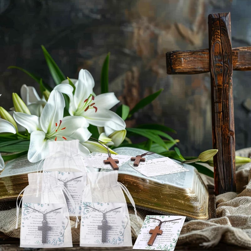 Ecation Wooden Cross Necklace Bulk Wood Cross Pendant Necklace with Lord's Prayer Cards Organza Bags for Family Friend Christian Church Jesus Religious Gift Sunday School Party Christian Gift - Image 4